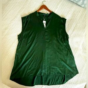 Eileen Fisher Green Stretchy Silk Tunic Cap Sleeve V Neck Mandarin Collar Sz 2X